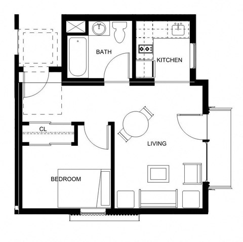 Floor plan for 1 bed, 1 bath, 433 sqft